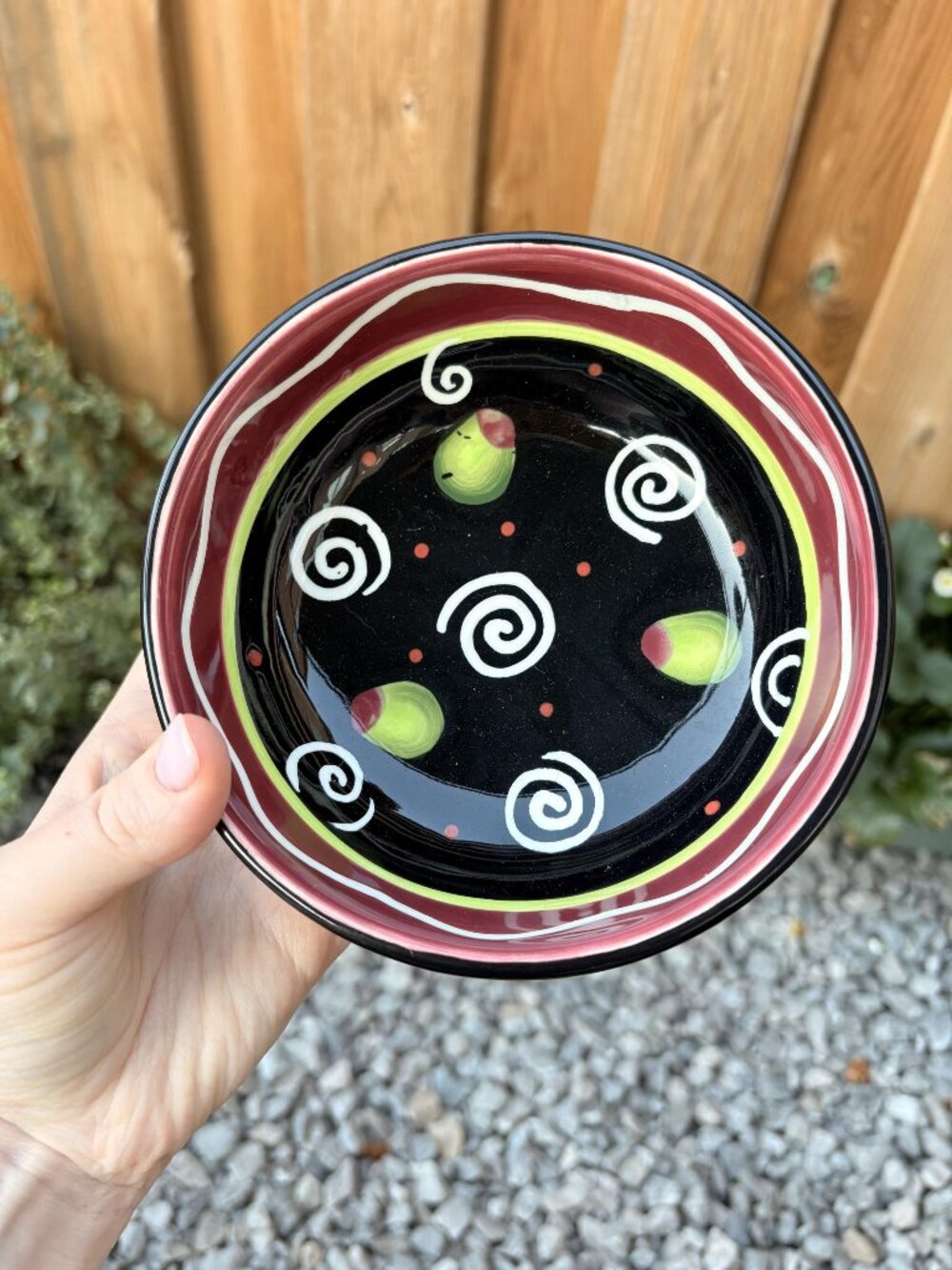 Vintage Bella Casa Ganz Footed Ceramic Bowl, Olive Spiral Pottery Dish